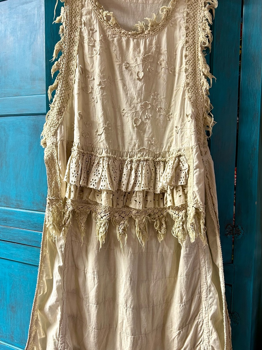 Boho Cream Embroidered Crochet Fringe Tunic Top